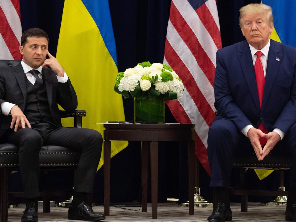 Donald Trump and Ukrainian President Volodymyr Zelensky looks on during a meeting in New York on the sidelines of the United Nations General Assembly. Picture: AFP