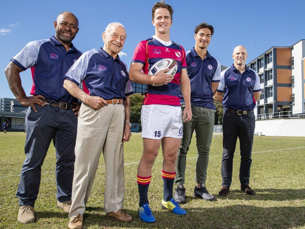 Former Wallaby Mosese Raulini, Dr Nick Girdis, Luke Hatherall, current Wallaby Jordan Petaia and former Wallaby Mark Bartholemeusz on the pitch at Brisbane State High. Picture: Lachie Millard