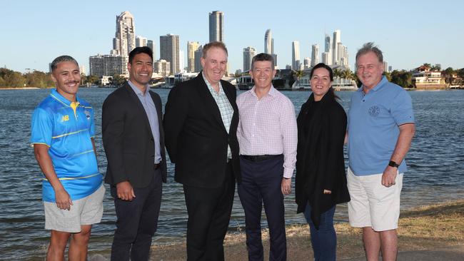 The new members of the Gold Coast rugby board and committee at Gold Coast Eagles rugby club. Left to right they are, Trent Ma Chong (rugby manager), Jason Baker (board), Jed Hogan (chair), Mark Muir (Vice chair), brooklyn Manu (community Rugby Manager) and Chris Cameron (board) Picture Glenn Hampson