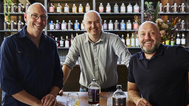 Four Pillars gin founders: Cam Mackenzie, Matt Jones and Stuart Gregor at the Healesville distillery