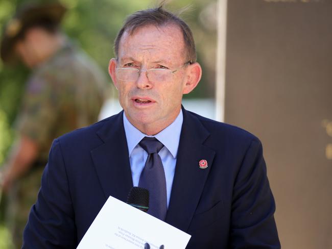 Tony Abbott  speaking/reading a poem at the remembrance day service at the Mosman Sub Branch. Saturday, November 11  2017. (AAP Image/ Ryan Osland)