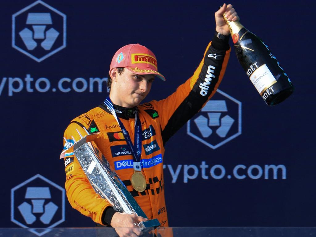 McLaren's Australian driver Oscar Piastri celebrates on the podium after winning the 2025 Miami Formula One Grand Prix at Miami International Autodrome in Miami Gardens, Florida, on May 4 local time. Picture: Charly Triballeau/AFP