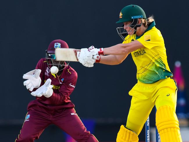 Meg Lanning of Australia hits a four during the ICC Women's World T20 1st semi-final match between Australia and West Indies. Picture: AFP