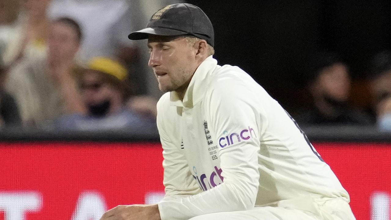 ADELAIDE, AUSTRALIA - DECEMBER 16: Joe Root of England reacts during day one of the Second Test match in the Ashes series between Australia and England at the Adelaide Oval on December 16, 2021 in Adelaide, Australia. (Photo by Daniel Kalisz/Getty Images)