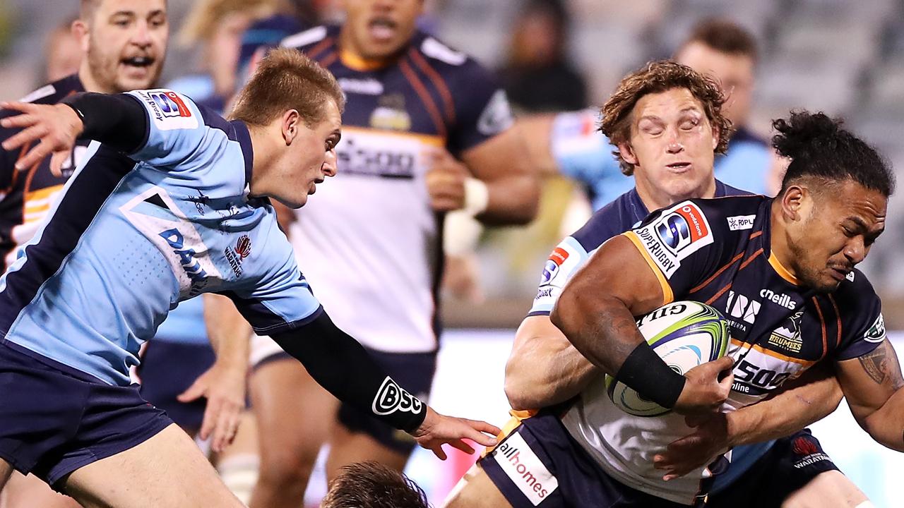 CANBERRA, AUSTRALIA - AUGUST 22: Solomone Kata of the Brumbies is tackled during the round eight Super Rugby AU match between the Brumbies and Waratahs at GIO Stadium on August 22, 2020 in Canberra, Australia. (Photo by Mark Kolbe/Getty Images)