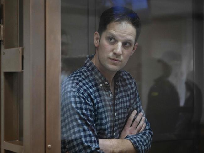 Wall Street Journal reporter Evan Gershkovich inside a defendants' cage at the Moscow City Court. Picture: Natalia Kolesnikova/AFP