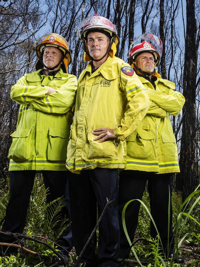 Noosa Heads Station Officer Rob Frey, Maroochydore Area Commander Cameron Herbert and Inspector Bernie Massingham back at the scene where an out of control bushfire was stopped, saving thousands of homes at Peregian Beach. Picture: Lachie Millard