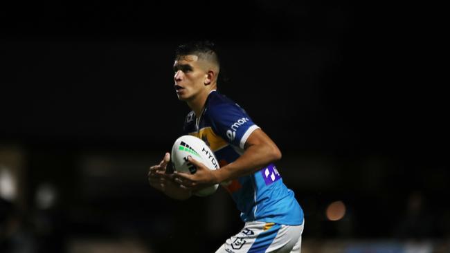 Gold Coast Titans fullback Jayden Campbell surveys the field during a pre-season trial against Burleigh Bears at Pizzey Park. February 20, 2021. Photo Jason O'Brien