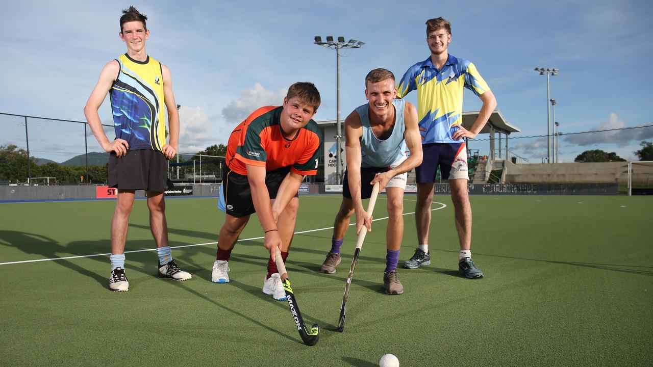 The Cairns Hockey All Stars League pre-season competition starts on Friday night. Nathan Winkel, James Williams-Carey, Apara Brewster and Pierce Stein are ready to compete. Picture: Brendan Radke