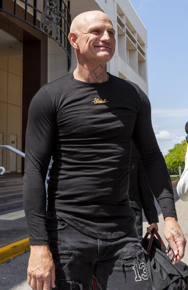 Mongols national president Nick 'The Knife' Forbes walking with his defence barrister Michael Gatenby outside of the Supreme Court of the Northern Territory. Picture: Floss Adams.