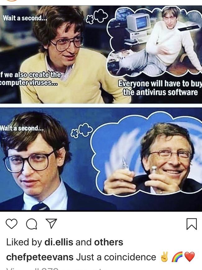 Pete Evans’ social media post promoting the idea Bill Gates is behind a bizarre COVID-19 vaccine plot. Picture: Instagram