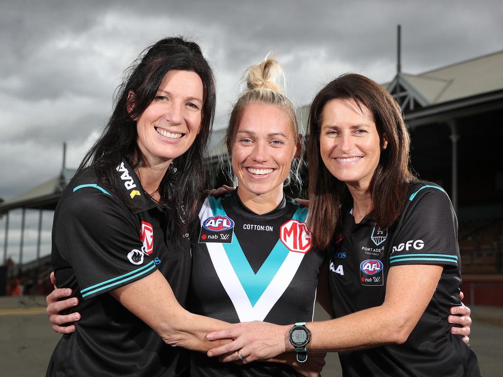 Phillips with Port’s AFLW operations manager Rachael Sporn and head of the AFLW program Juliet Haslam after Wednesday’s announcement. Picture: Sarah Reed/Getty Images