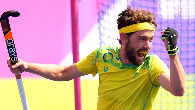 Flynn Ogilvie of Team Australia celebrates after scoring a goal in the gold medal match against India at the 2022 Commonwealth Games