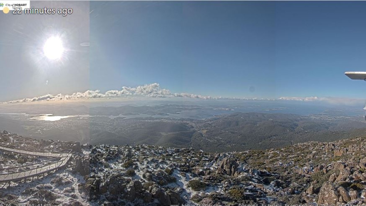 The Mount Wellington/kunanyi web camera has captured a light snow dusting at the top at about 11.40am on May 29.