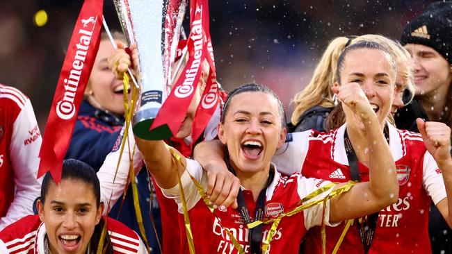 Arsenal celebrates with the FA Women's Continental Tyres League Cup trophy. Picture: Alex Pantling/Getty Images