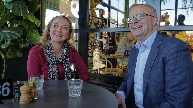 Anthony Albanese, right, with the new Aston MP, Mary Doyle, in Bayswater, Melbourne, on Sunday. Picture: Valeriu Campan