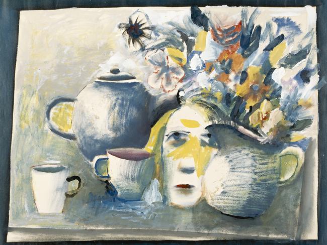 <i>Tea set with flowers and face</i> (1959) oil and synthetic polymer paint on paper. Picture: National Gallery of Victoria