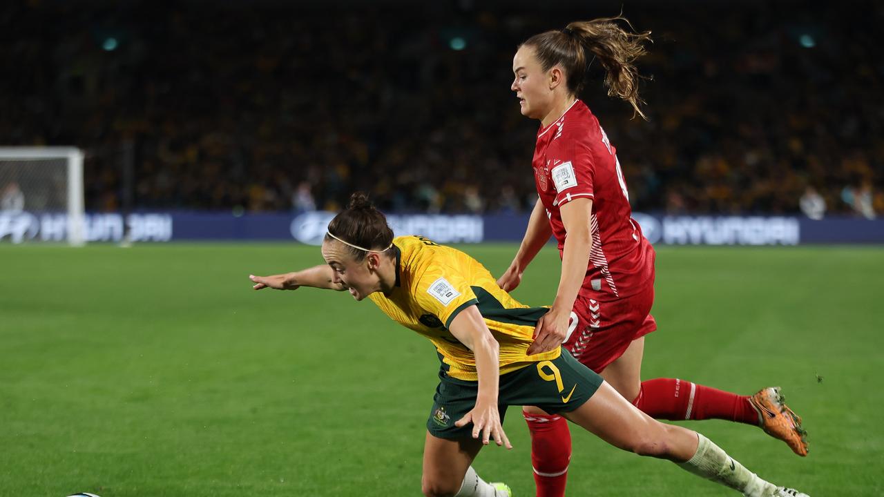 Caitlin Foord is fouled by Janni Thomsen. Picture: Getty Images