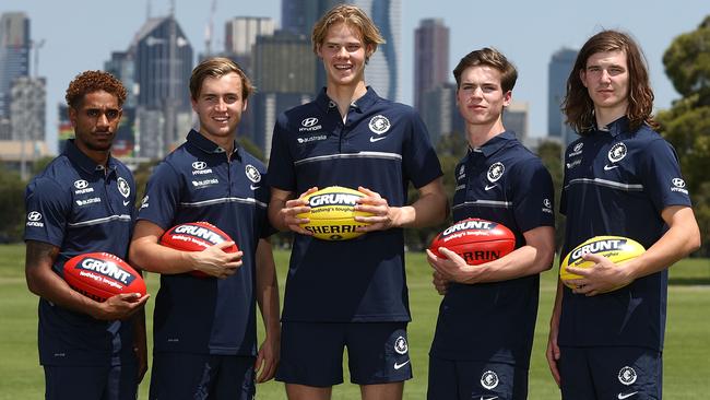 Carlton draftees Jarrod Garlett, Lochie O'Brien, Tom De Koning, Paddy Dow and Angus Schumacher don the Blues colours. Picture: Getty Images