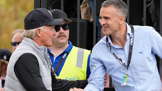 LIV golf boss Greg Norman shakes hands with Peter Malinauskas. Picture: Gettuy