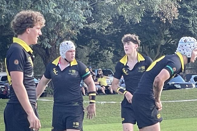 St Laurence's winger Owen Frost, prop Luka Smith, halfback Joshua Madden and centre Caelan Mackay gather themselves.