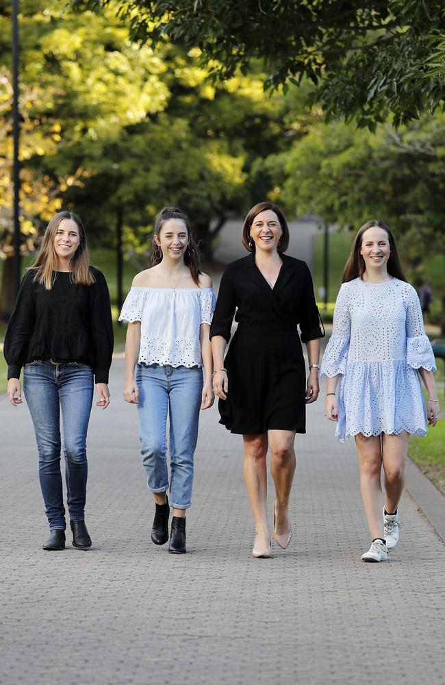 LNP Leader Deb Frecklington with her daughters (from left) Isabella, 21, Elke, 16, and Lucy, 19, Picture: AAP Image/Josh Woning