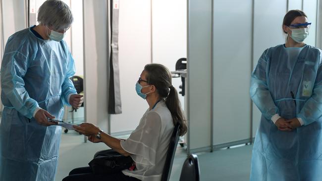 Melbourne Airport’s vaccination hub. Picture: Penny Stephens