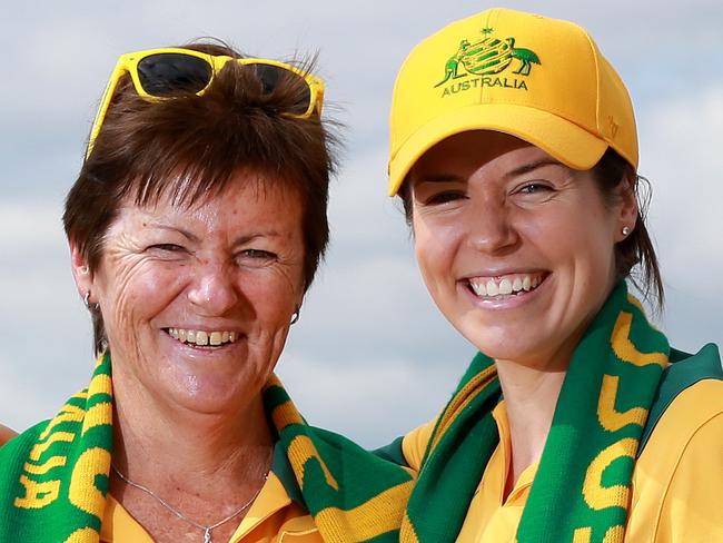 Socceroos goal keeper Mat Ryan has 26 of his family and relatives having traveled from Sydney to be in Kazan for the Socceroos first World Cup game against France. Mum Carol (L) and sister Megan (R) pictured in Kazan. Picture; Toby Zerna