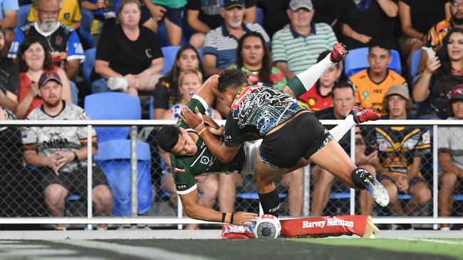 Dallin Watene-Zelezniak suffered the freak back injury scoring a try for the Kiwi Maori. Picture: NRL Photos.