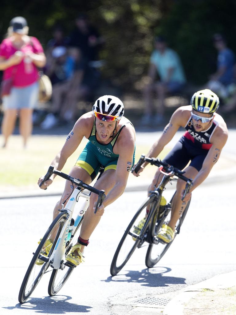 Declan Wilson AUS during the cycle leg of the Elite &amp; U23 Devonport Triathlon. PICTURE CHRIS KIDD