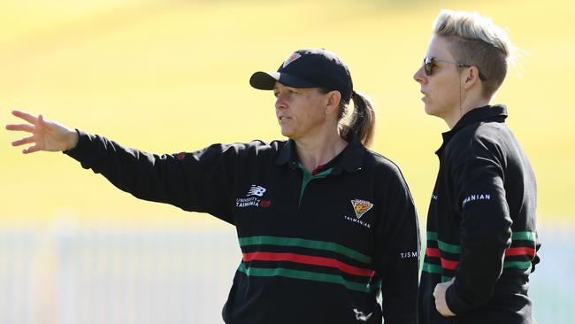 PERTH, AUSTRALIA – SEPTEMBER 24: Jude Coleman, head coach of Tasmania talks with Elyse Villani before start of play during the WNCL match between Western Australia and Tasmania at the WACA Ground, on September 24, 2024, in Perth, Australia. (Photo by Paul Kane/Getty Images)