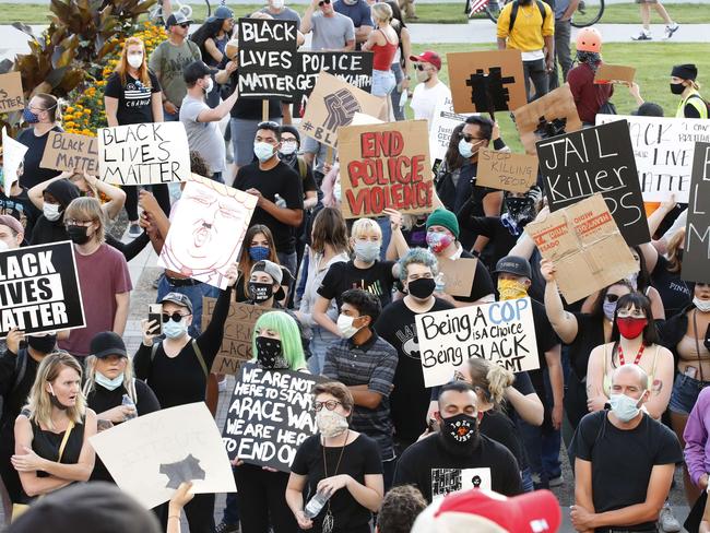 PROVO, UT - JULY 01: People supporting the Black Lives Matter movement protest on the steps of the Old Utah County Court House on July 1, 2020 in Provo, Utah. This is the first protest since Monday evening when a 60-year-old SUV driver was shot.   George Frey/Getty Images/AFP == FOR NEWSPAPERS, INTERNET, TELCOS & TELEVISION USE ONLY ==