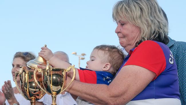 Trainer Gary Clarkes grandaughter Zara and wife Sharlene as “Playoffs” scores an emotional win in the Great Northern Darwin Cup. Picture: Glenn Campbell