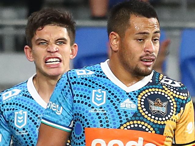 GOLD COAST, AUSTRALIA - JUNE 20: Jason Saab of the Sea Eagles celebrates a try during the round 15 NRL match between the Gold Coast Titans and the Manly Sea Eagles at Cbus Super Stadium, on June 20, 2021, in Gold Coast, Australia. (Photo by Chris Hyde/Getty Images)