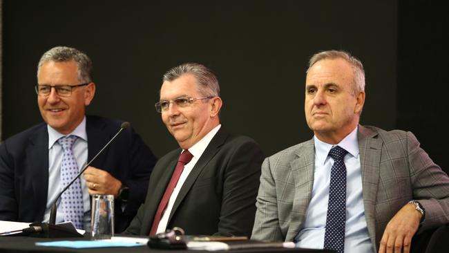 Villa World annual general meeting at The Gold Coast Convention and Entertainment Centre..Director David Rennick, CEO Craig Treasure and Chairman Mark Jewell at the meeting. Picture Glenn Hampson