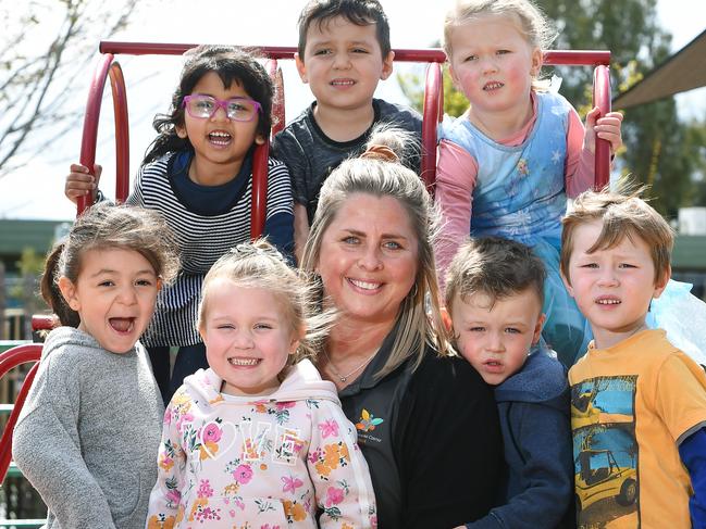 Emma Murphy from ELC Mernda with (front L-R) Ivy, Charlotte, Harry, Leo, (top L-R) Monica, Adam and Shayli. Picture: Josie Hayden