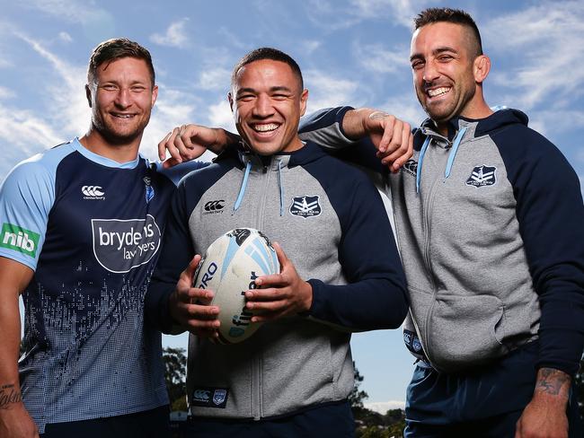 NSW's Tariq Sims, Tyson Frizell and Paul Vaughan pose for a portrait after NSW State of Origin training at Hale School, Perth. Picture: Brett Costello