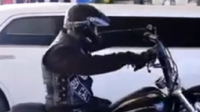 Senior Mongols bikie Shane Bowden leaves jail in a stretch limousine, accompanied by a bikie entourage. Picture: Instagram