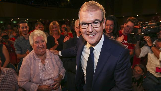 Michael Daley greets his mother, Mary, at Labor’s campaign launch. Picture: Justin Lloyd