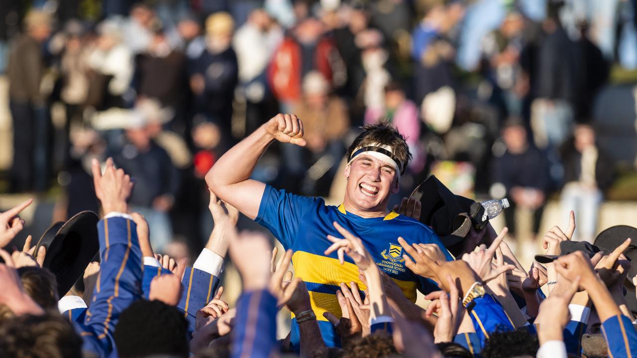 TGS First XV captain Charlie Horn is lifted by the student body in celebration after defeating Downlands to claim the O'Callaghan Cup on Grammar Downlands Day at Downlands College, Saturday, August 6, 2022. Picture: Kevin Farmer