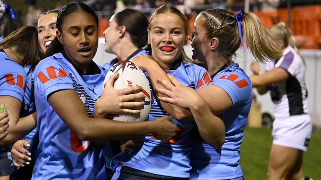 Kasey Reh celebrates a try for NSW. NRL Mens_Womens Under 19's SOO-NSW v QLD at Leichhardt Oval . Picture: NRL Photos/Gregg Porteous