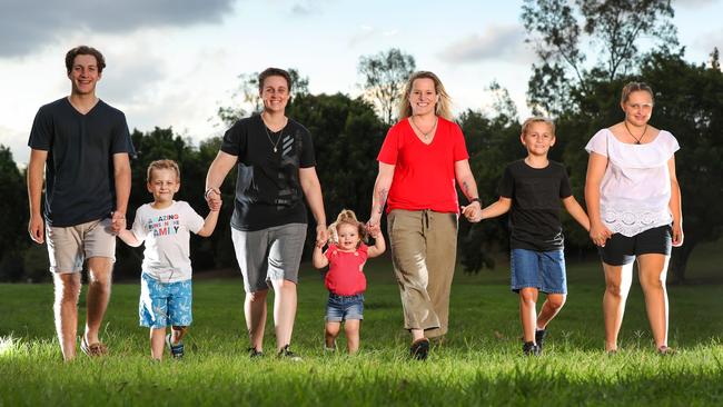 Lisa Quinn and Shannon Ashton’s five children all come from the same donor. They have 43 unknown siblings. Picture: Nigel Hallett