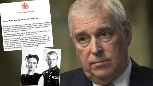 Royal historians say Prince Andrew’s statement that he is quitting public life is one of the most dramatic from a member of the royal family since Edward VIII told the world he was renouncing the throne to marry Mrs Simpson.