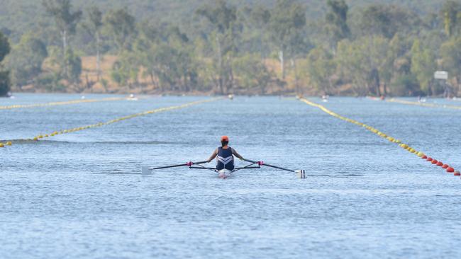 A competitor on the course at the Queensland Secondary Schools Rowing Championships in Rockhampton.