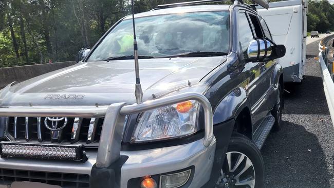 A caravan jackknifed and hit a guard rail on the Bruce Hwy north bound at Kulangoor on Thursday afternoon. Photo: Supplied