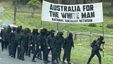 A swell of neo-Nazi protests have hit Australian cities in recent months. In this photo, members of the neo-Nazi National Socialist Network march in suburban Adelaide. Picture: NCA NewsWire