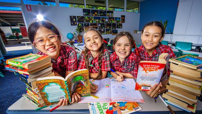 ** HOLD FOR COURIER MAIL ** NAPLAN RESULTS - McDowall SS ahead of NAPLAN release results.McDowall State School students Annabella Yang Yr 5, Amelia Mace Yr 3, Miriam Macks Yr 3 and Lelia Luc Yr 5 ahead of NAPLAN release results.Picture: Nigel Hallett