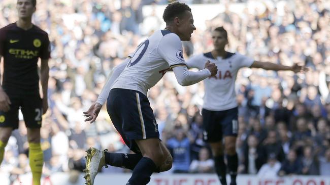 Tottenham Hotspur’s Dele Alli turns away after he scores his sides 2nd goal of the game during the Premier League soccer match between Tottenham Hotspur and Manchester City at White Hart Lane stadium in London, Sunday, Oct. 2, 2016. (AP Photo/Frank Augstein)