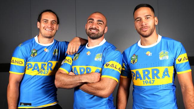 (L-R) Brad Takairangi, Tim Mannah and Corey Norman back in their days at Parramatta. Pic Stephen Cooper