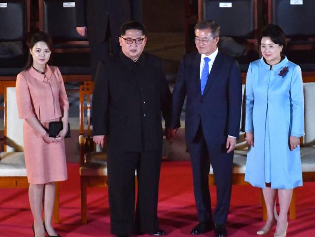 Kim Jong Un and his wife Ri Sol Ju stand with Moon Jae-in and his wife Kim Jung-sook during a closing ceremony at the end of their historic summit. Picture: AFP/Korea Summit Press Pool